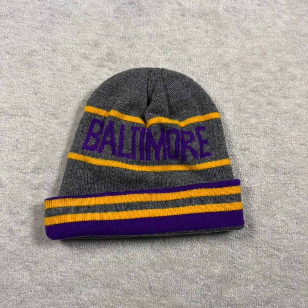 Baltimore Beanie‎ Hat Grey Purple Gold Striped Cuffed Knit Winter Cap Unisex